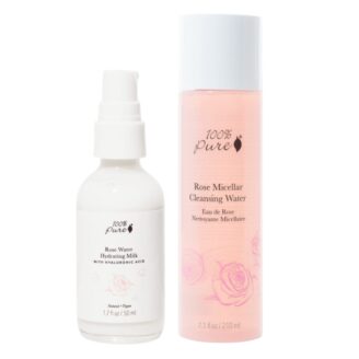 Rose Micellar Water og Rose dagkrem, som skånsomt renser huden og fjerner øyesminke. Rose Water Hydrating Milk er en mild fuktighetskrem. Passer alle hudtyper.