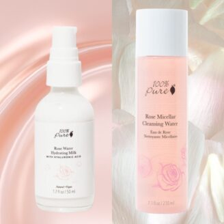 Rose Micellar Water og Rose dagkrem, som skånsomt renser huden og fjerner øyesminke. Rose Water Hydrating Milk er en mild fuktighetskrem. Passer alle hudtyper.