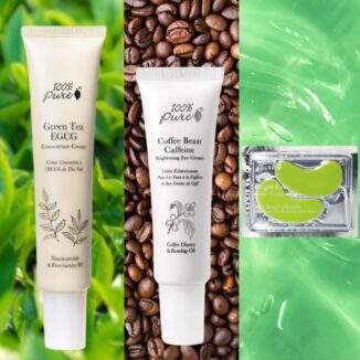 hudpleiepakke med coffee bean eye cream, green tea egcg krem og fuktøyemaske